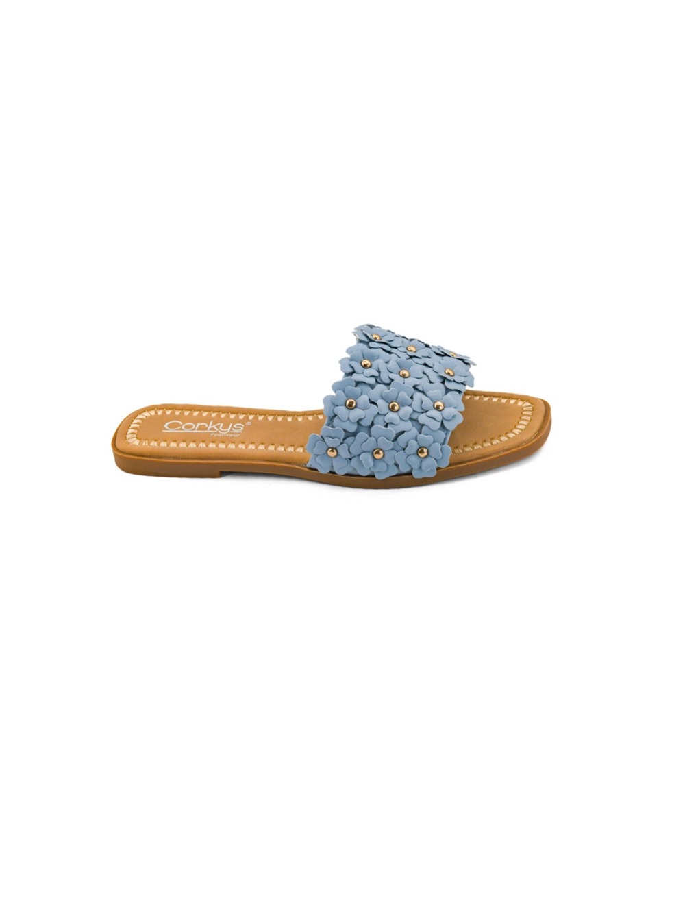 Corkys Hey Girl “ Spring Fever”  Blue Floral Slide Sandal with Tan Footbed